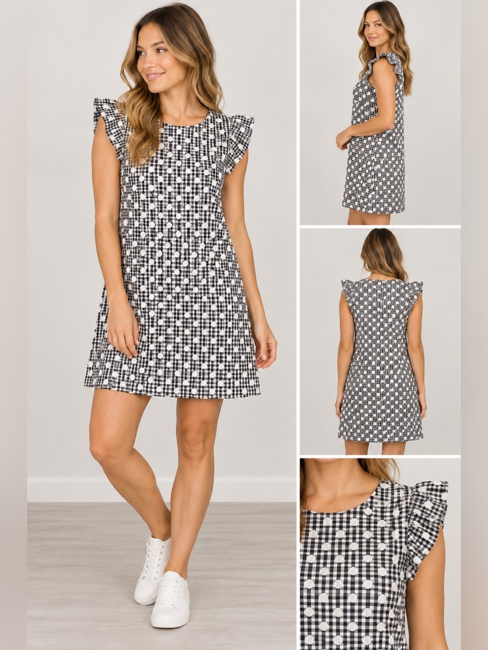 Elle Black and White Gingham & Polka Dot Flutter Sleeve Mini Dress Medium NWT